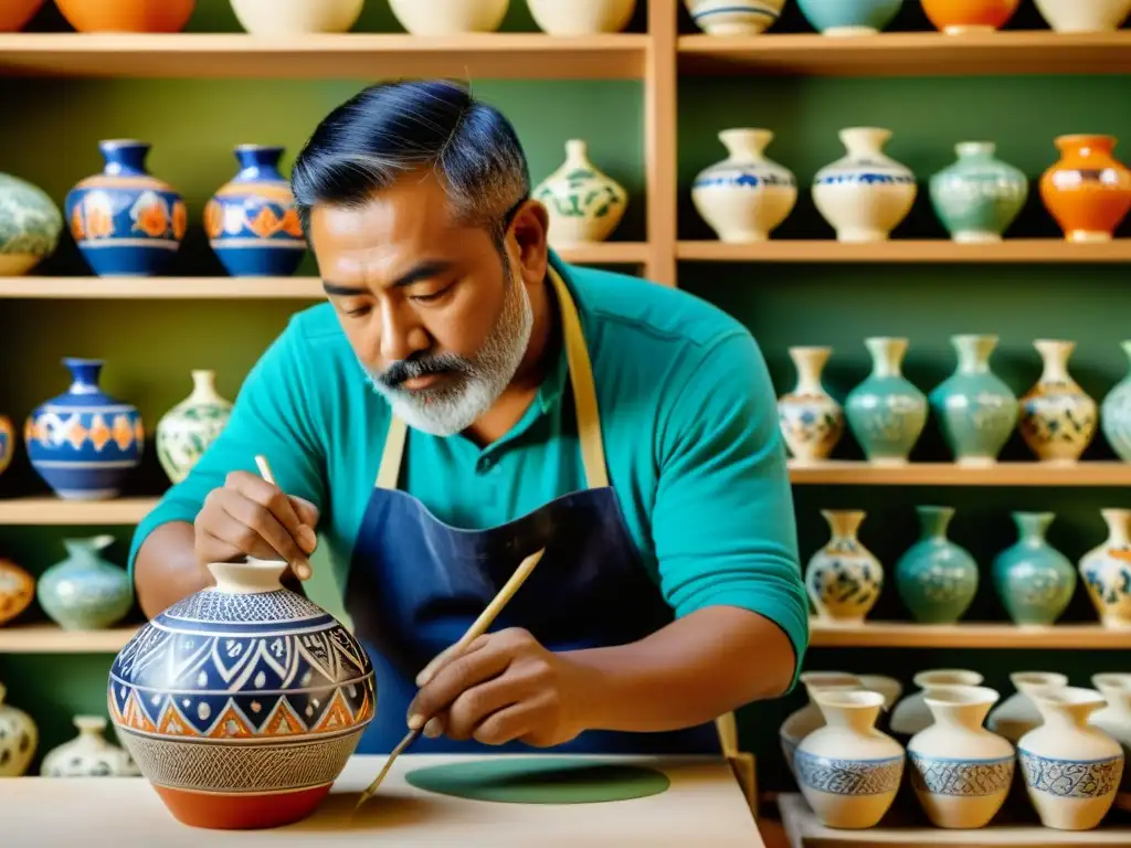 Artista ceramista pintando diseño folclórico en cerámica tradicional Taller de cerámica figurativa tradicional: Artesano pintando diseños detallados en cerámica con colores vibrantes y pinceladas precisas