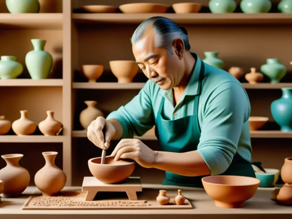 Maestro ceramista moldeando una figurilla tradicional Taller de cerámica figurativa tradicional: artista moldeando una figura en estudio soleado, rodeado de piezas vibrantes