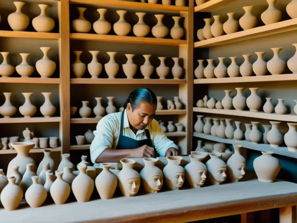 Artesanos en taller: esculturas de folklore en arcilla Taller de cerámica figurativa tradicional: Artesanos esculpen figuras de folklore con habilidad y pasión, iluminados por la suave luz natural