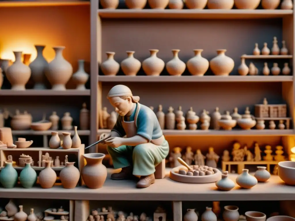Artesano ceramista esculpe figurilla de folklore en taller tradicional Taller de cerámica figurativa tradicional: Maestro artesano esculpe una figura de folklore rodeado de herramientas y figuras acabadas