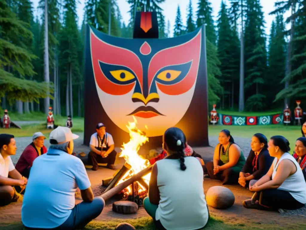 Un taller de revitalización del idioma Haida en Canadá, con ancianos y jóvenes reunidos alrededor de un fuego, conectados a su cultura y lengua