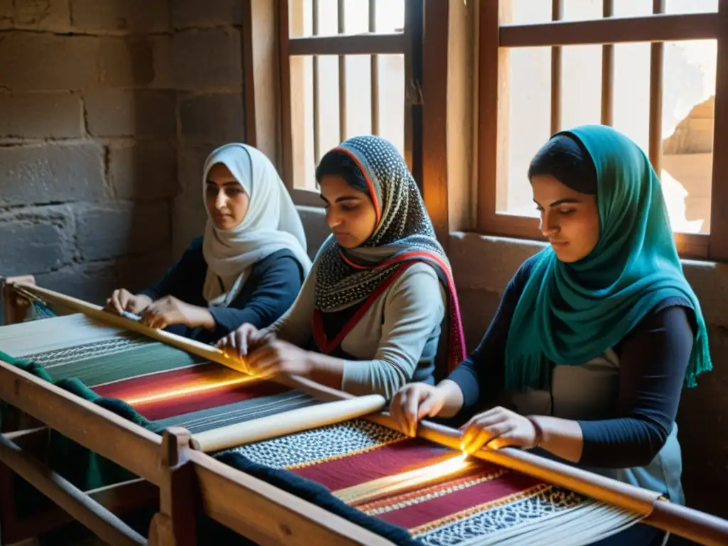 Un taller rústico donde mujeres palestinas tejen keffiyehs, símbolo cultural e historia del pueblo, entre rayos dorados