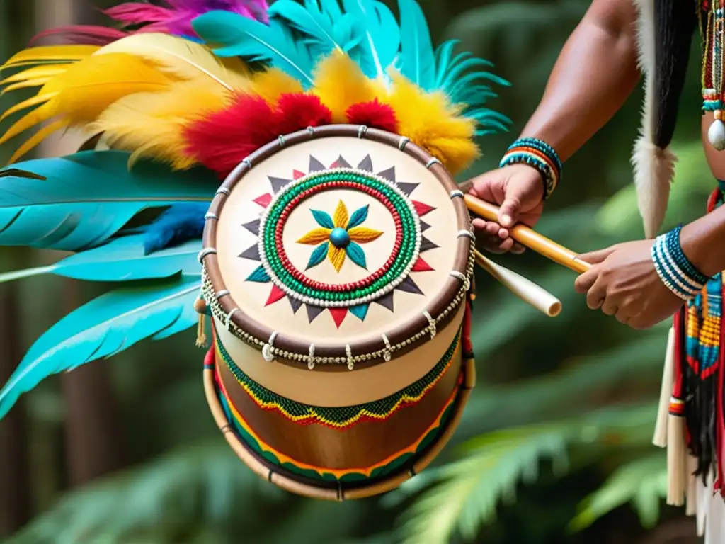 Un tambor sagrado de ceremonias nativas americanas, adornado con plumas y cuentas, iluminado por el cálido sol en el bosque tranquilo, rodeado de personas vestidas en trajes tradicionales, emana una profunda conexión espiritual y riqueza cultural