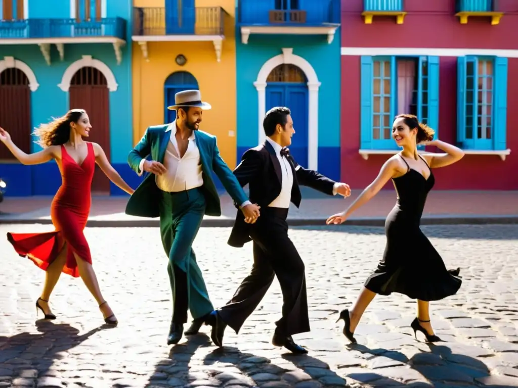 Tango apasionado en La Boca, Buenos Aires, reflejando la pasión cultural de la ciudad en una noche iluminada