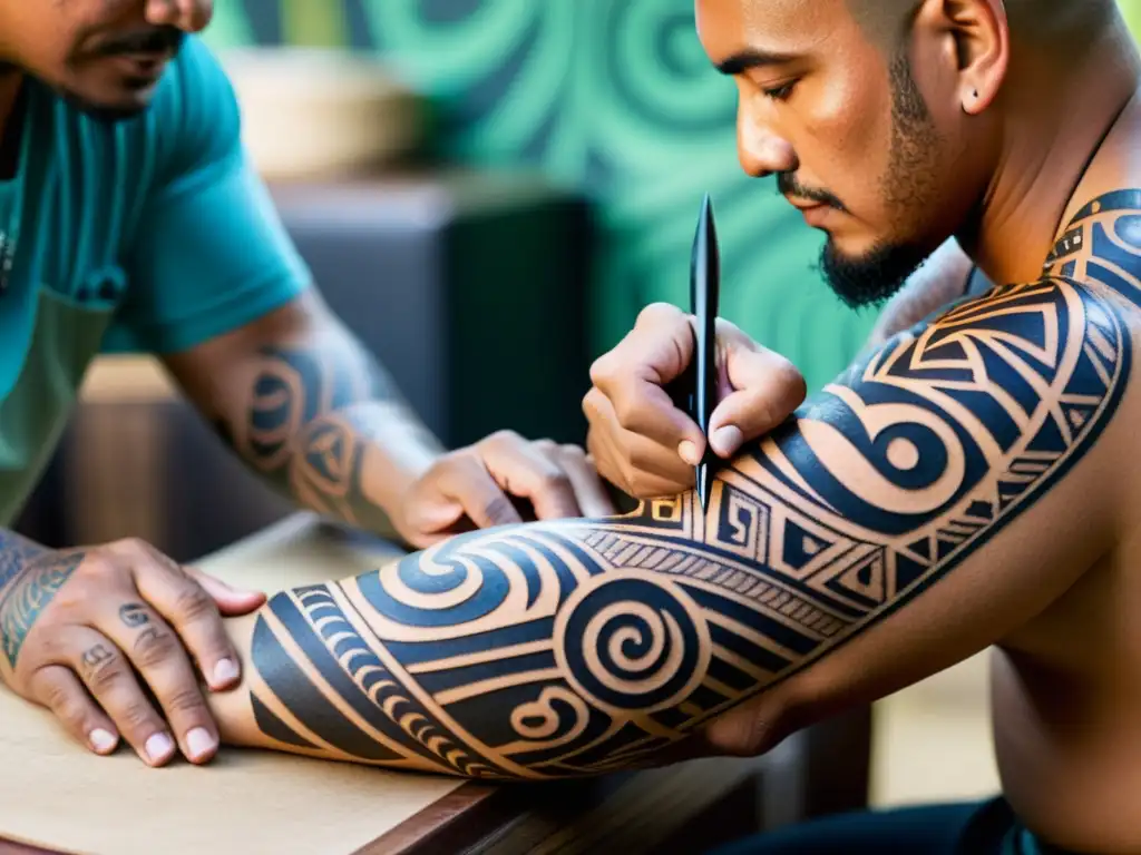 Un tatuador maorí aplica patrones tradicionales a un cliente, destacando la influencia de tatuajes tribales en moda
