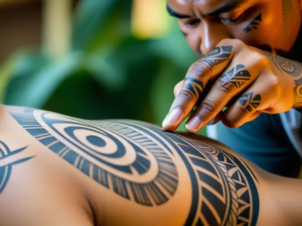 Un tatuador polinesio aplica diseños tradicionales con cuidado, mostrando los significados ancestrales tatuajes Polinesia moderna