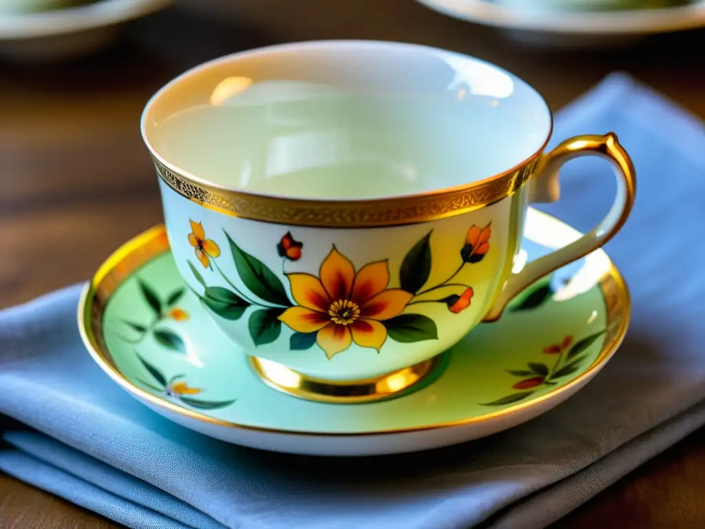 Una taza de porcelana de Limoges, con exquisito diseño floral y detalles dorados