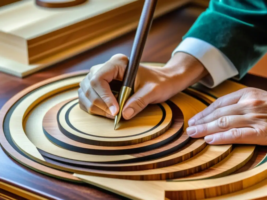 Técnica de marquetería en madera: artesano hábil trabajando con precisión y paciencia, creando una obra de arte detallada