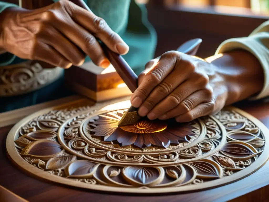 Técnica talla madera artesanos: Un hábil artesano talla con maestría diseños intrincados en un panel de caoba, bañado por la cálida luz del sol