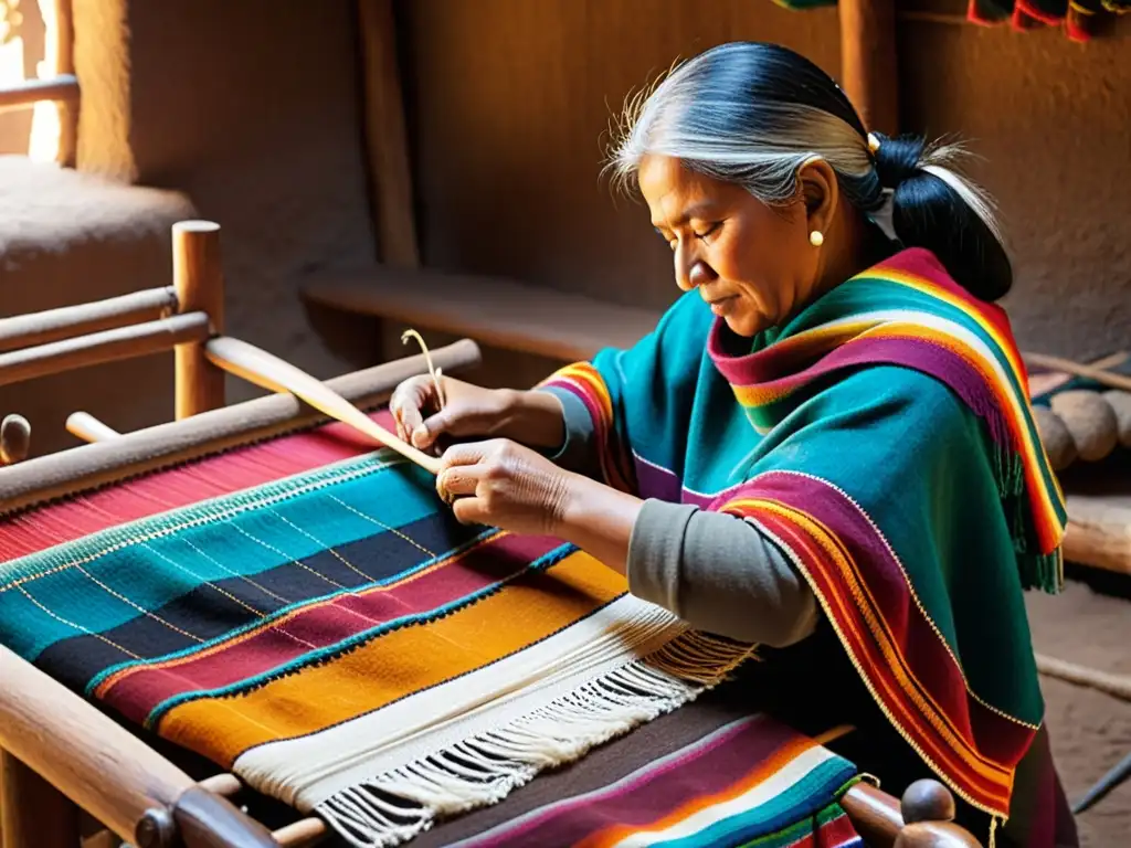 Un tejedor andino experto teje un colorido poncho en un telar de madera, rodeado de lanas vibrantes en un taller rústico y tenue