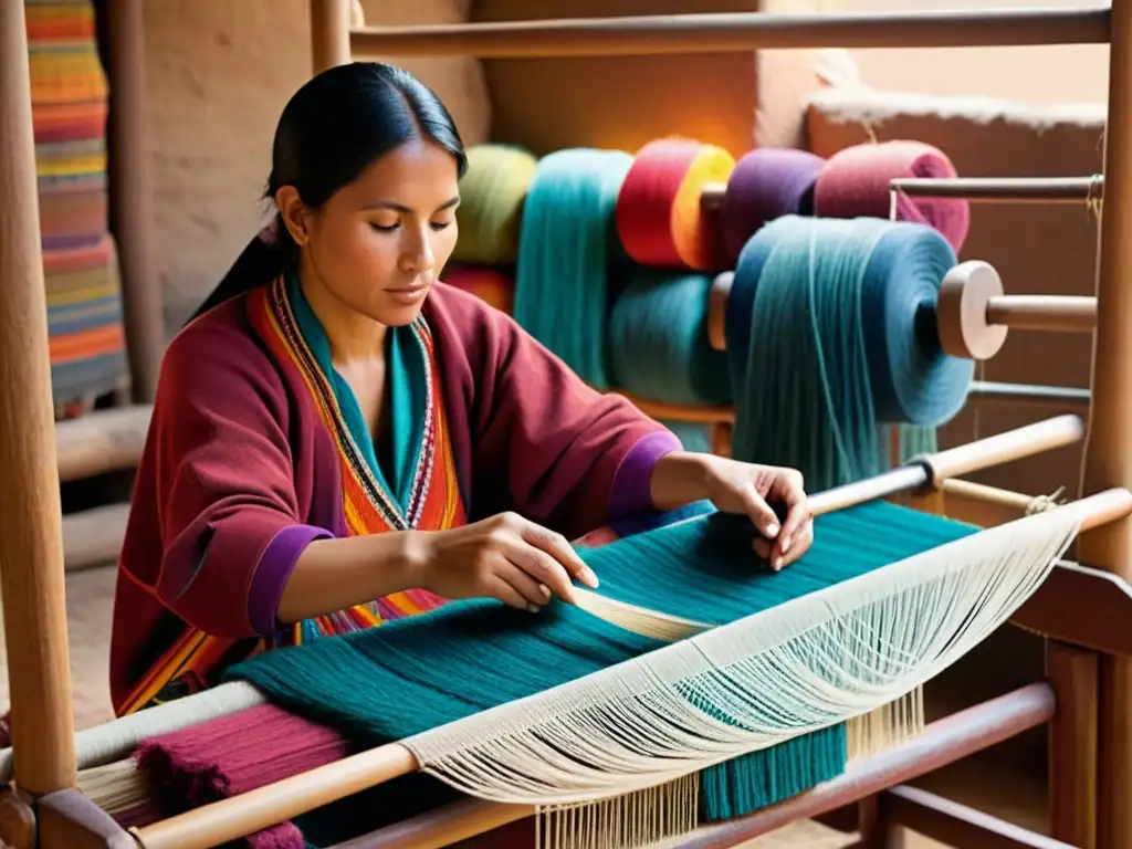 Un tejedor andino experto crea un patrón textil en un telar tradicional, rodeado de vibrantes hilos de colores