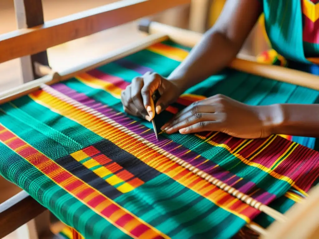 Un tejedor experto crea un vibrante tejido Kente en un telar tradicional de madera