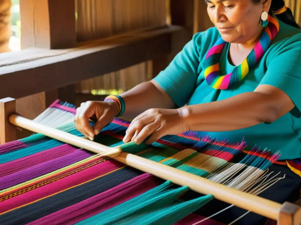 Un tejedor guatemalteco experto teje a mano un patrón textil tradicional en un telar de cintura, rodeado de colores vibrantes y herramientas de tejido