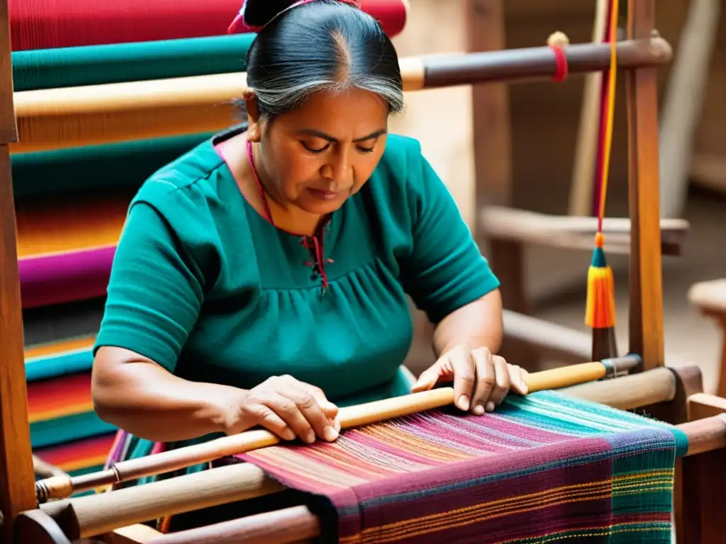 Un tejedor guatemalteco experto crea un tejido tradicional con hilos vibrantes en un telar de madera, transmitiendo la historia y la cultura