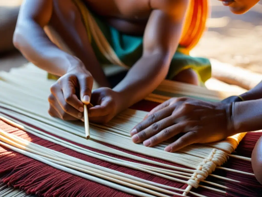 Una tejedora polinesia crea tapa cloth rodeada de fibras naturales, en un escenario cultural y natural