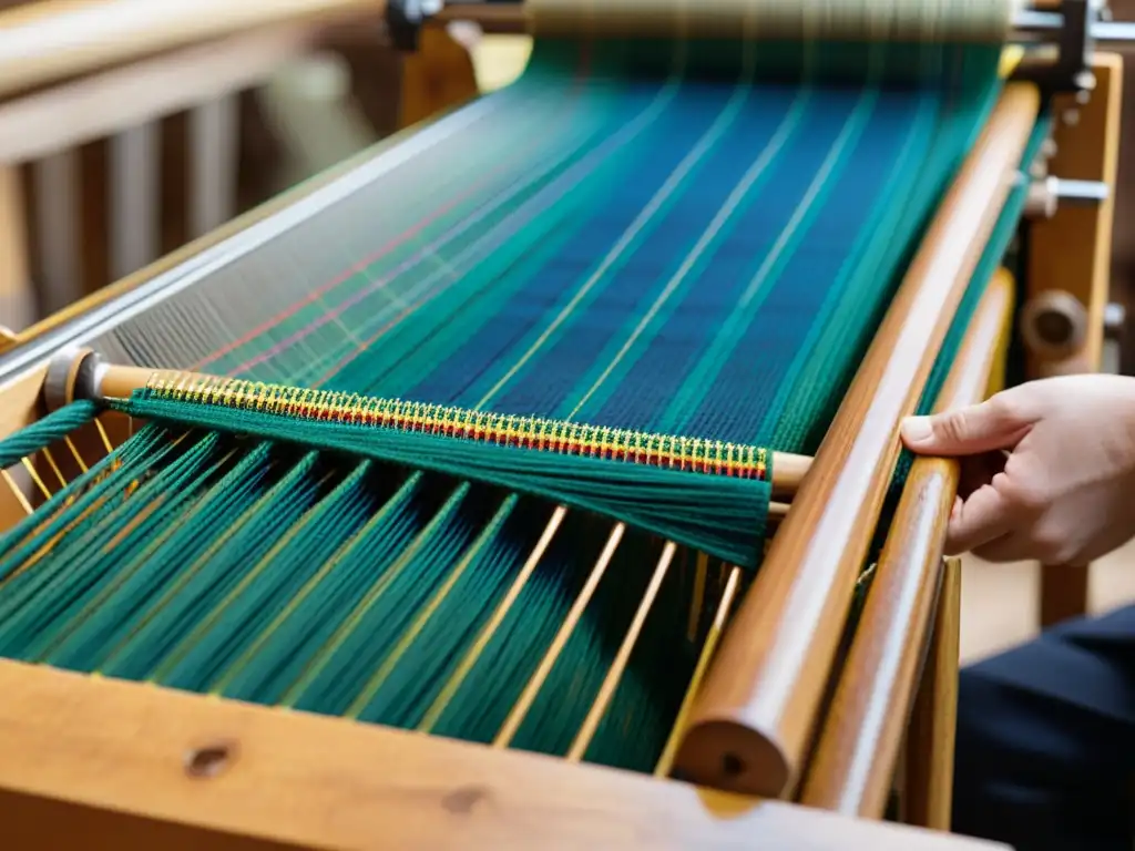 Tejiendo a mano: Artesanía escocesa en detalle Un tejido de tartán escocés se entreteje en un telar de madera, reflejando la artesanía tradicional y la inspiración para el diseño de moda escocés