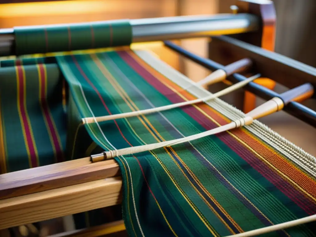 Tejido artesanal de tartán escocés: tradición y maestría Un telar de madera entreteje con destreza un llamativo diseño de moda inspirado en Escocia, resaltando la artesanía y la rica herencia escocesa