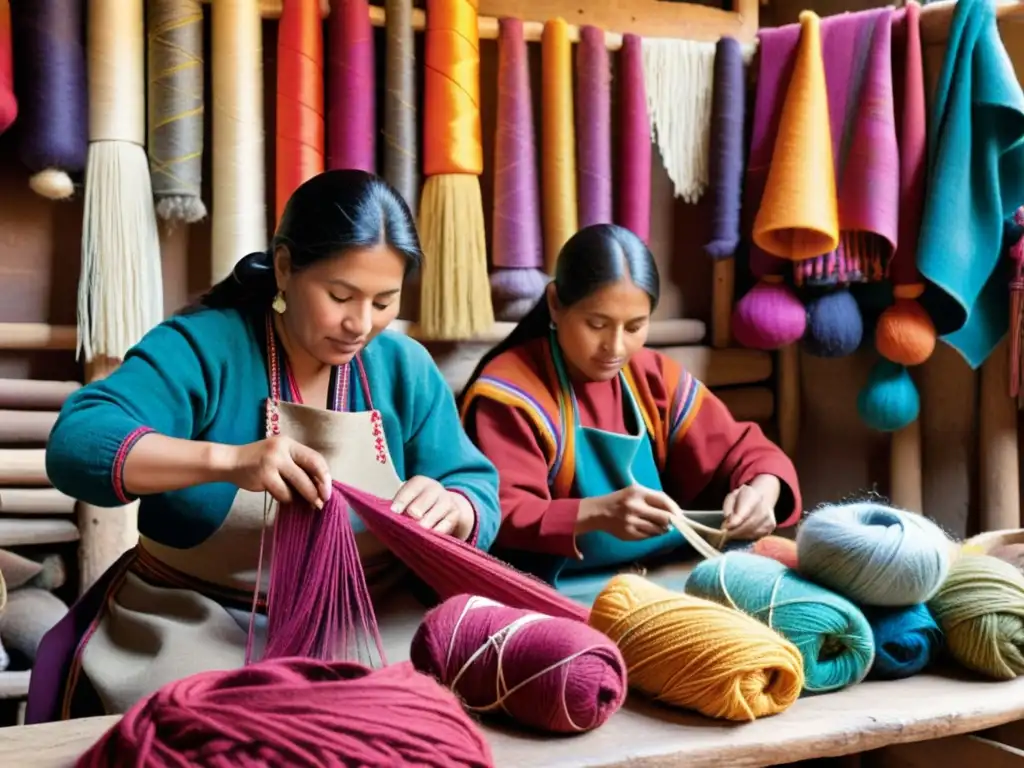 Telares Andinos tradición moda contemporánea: Artesanas tejen textiles coloridos en un taller tradicional, resaltando su herencia cultural