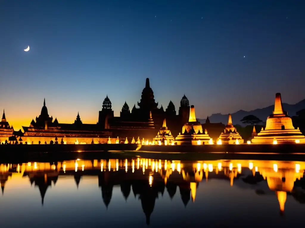 El Templo Borobudur iluminado durante el Festival de Waisak en Indonesia, crea una atmósfera serena y encantadora con linternas y velas