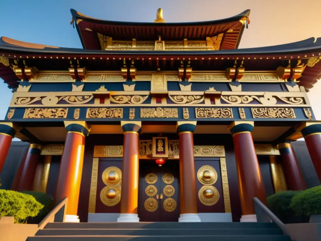 Templo ceremonial en el Pacífico: Intrincadas tallas y diseño, bañados por la cálida luz dorada del atardecer en un entorno natural exuberante