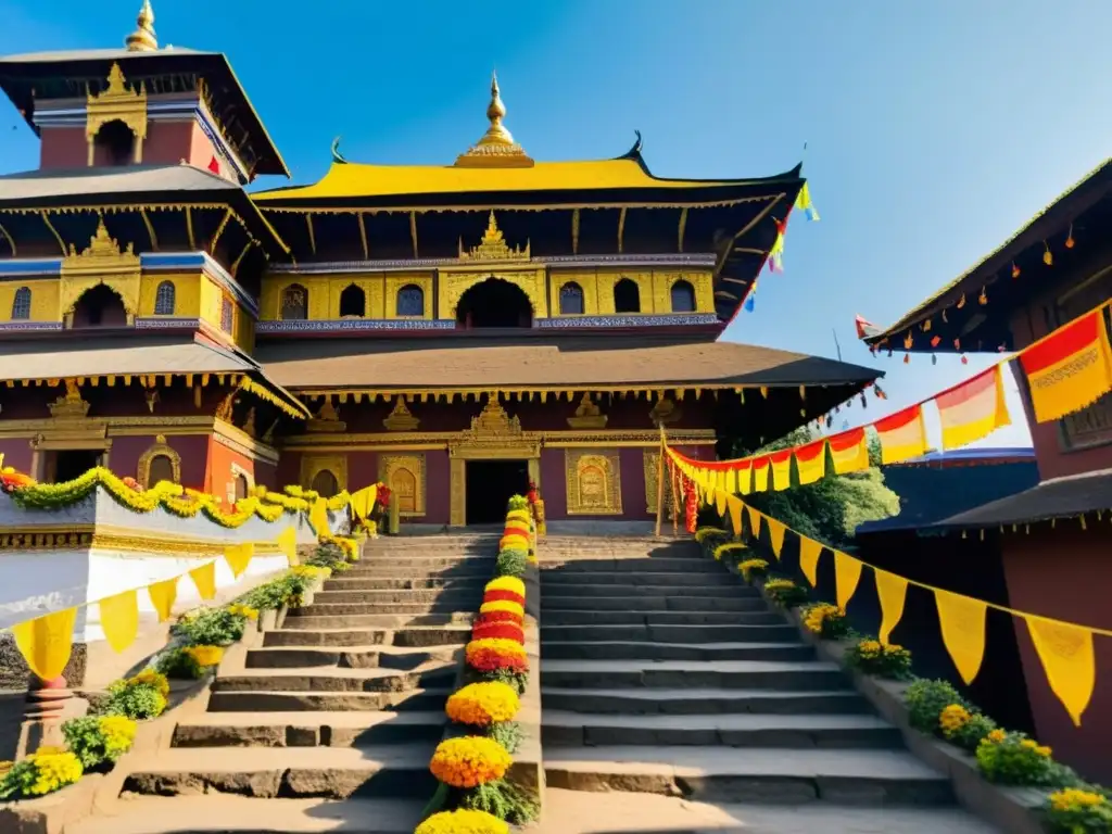 Templo decorado durante el Festival Dasain en Nepal, con banderas de oración coloridas, guirnaldas de caléndula y ofrendas tradicionales