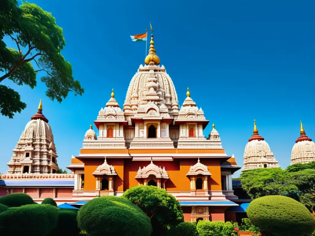 Un templo hindú en India, con detalladas esculturas y decoraciones, rodeado de exuberante vegetación y cielos azules