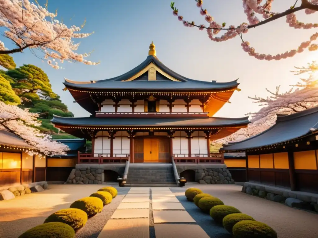 Un templo japonés rodeado de cerezos en flor al atardecer, creando una atmósfera serena y tranquila