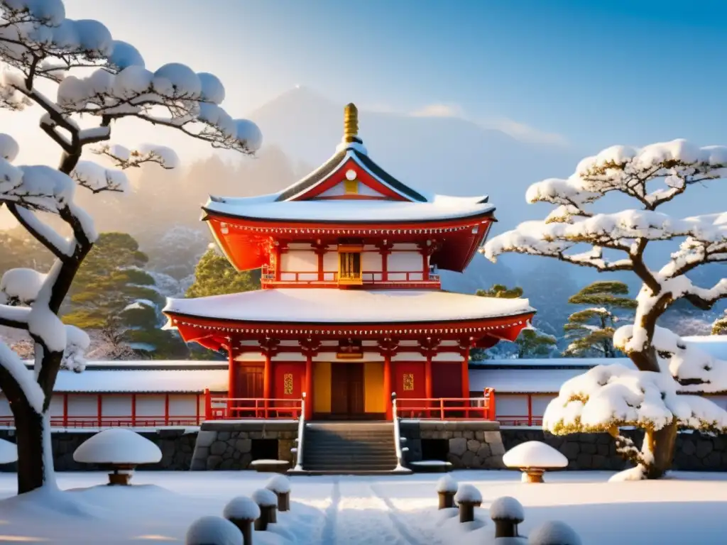 Un templo japonés tradicional cubierto de nieve, resaltando el Año Nuevo Japonés tradiciones ancestrales con detalles en rojo y dorado