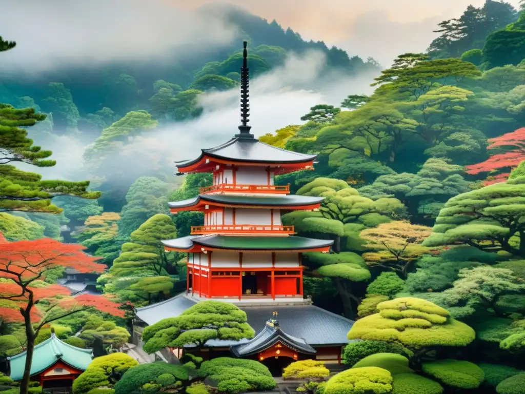 Un templo japonés tradicional se alza en un frondoso bosque, ofreciendo un alojamiento inusual en templo budista con una atmósfera mística y serena