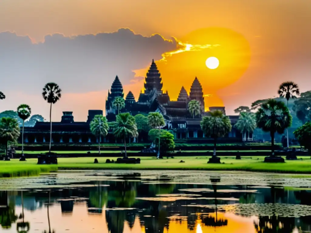 Templo Angkor: el sol naciente ilumina la silueta icónica entre la exuberante selva camboyana