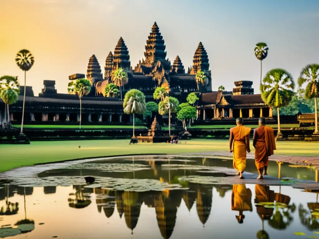 Templos Angkor al atardecer, con monjes, piedras talladas y selva exuberante, evocando la serenidad y grandeza de la leyenda camboyana