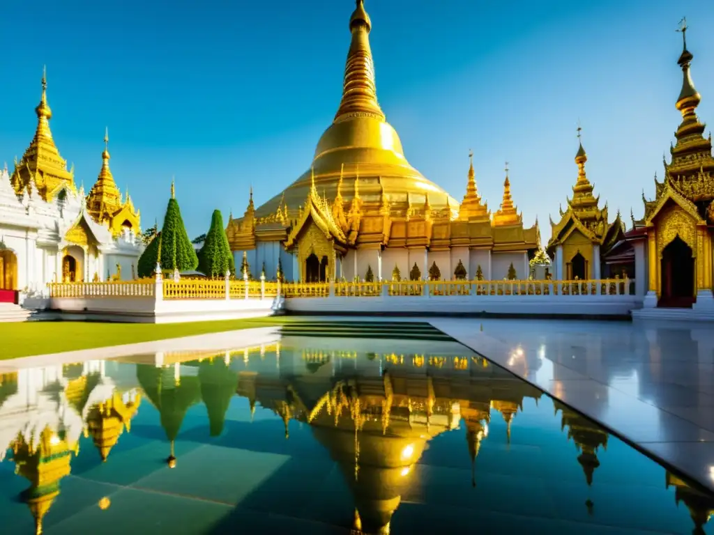 Templos y estatuas budistas en Myanmar: Majestuosa Pagoda de Shwedagon rodeada de coloridos templos y exuberante vegetación