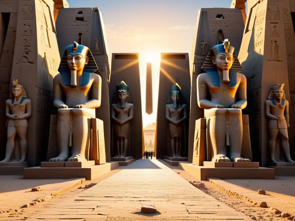 Explorando templos y tumbas en Luxor: Atardecer dorado ilumina el majestuoso Templo de Luxor, con visitantes asombrados y guía señalando las antigüedades