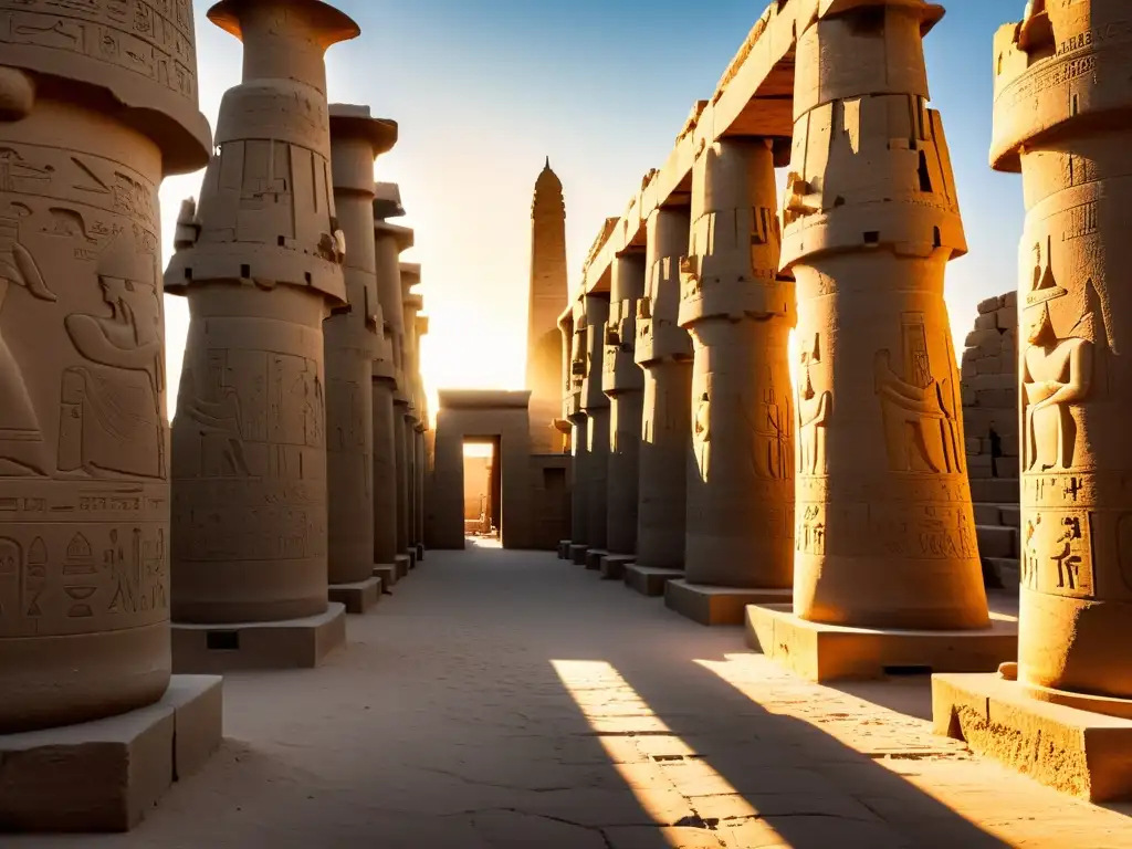 Explorando templos y tumbas en Luxor: La majestuosa luz dorada baña el Templo de Karnak, con sus intrincadas inscripciones y altas columnas