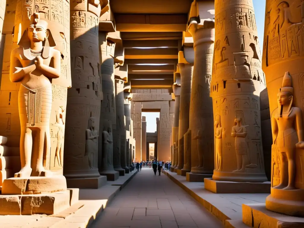 Explorando templos y tumbas en Luxor: Majestuosidad en el Templo de Karnak, con intrincadas columnas y jeroglíficos iluminados por la luz solar