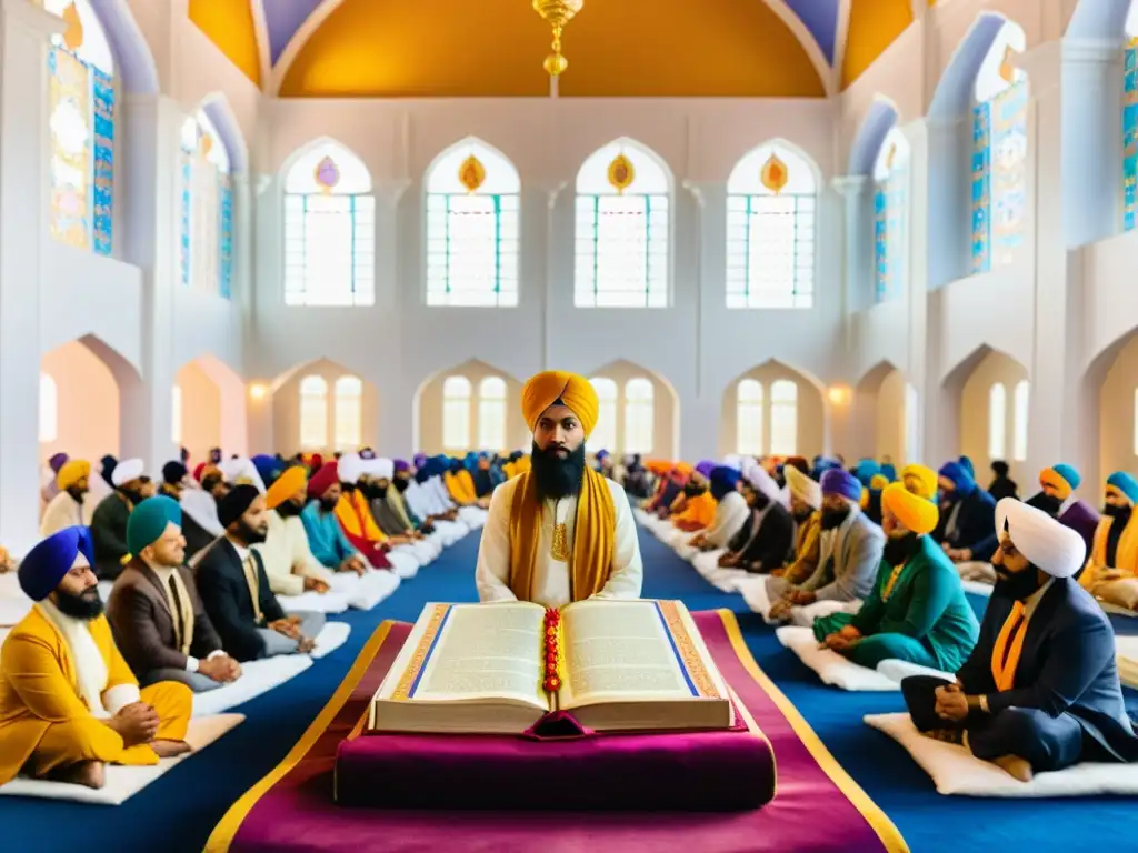 El texto ALT es: 'Ceremonia de iniciación Khalsa Sikh en gurdwara: solemnidad, devoción y significado espiritual