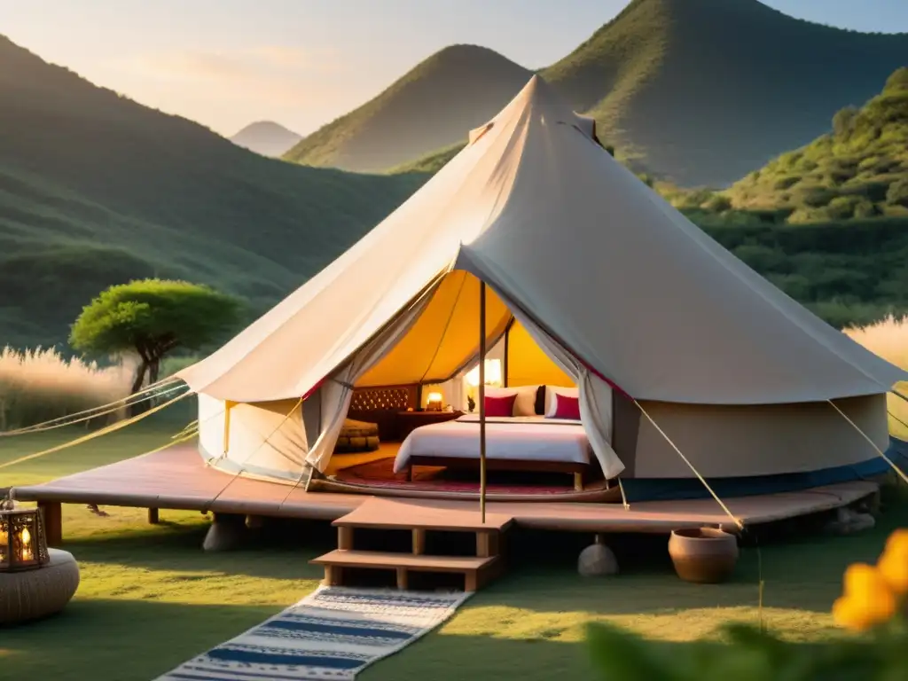 Una tienda de glamping cultural de lujo con patrones tradicionales, rodeada de arte y flora indígena, bañada por la cálida luz dorada del atardecer