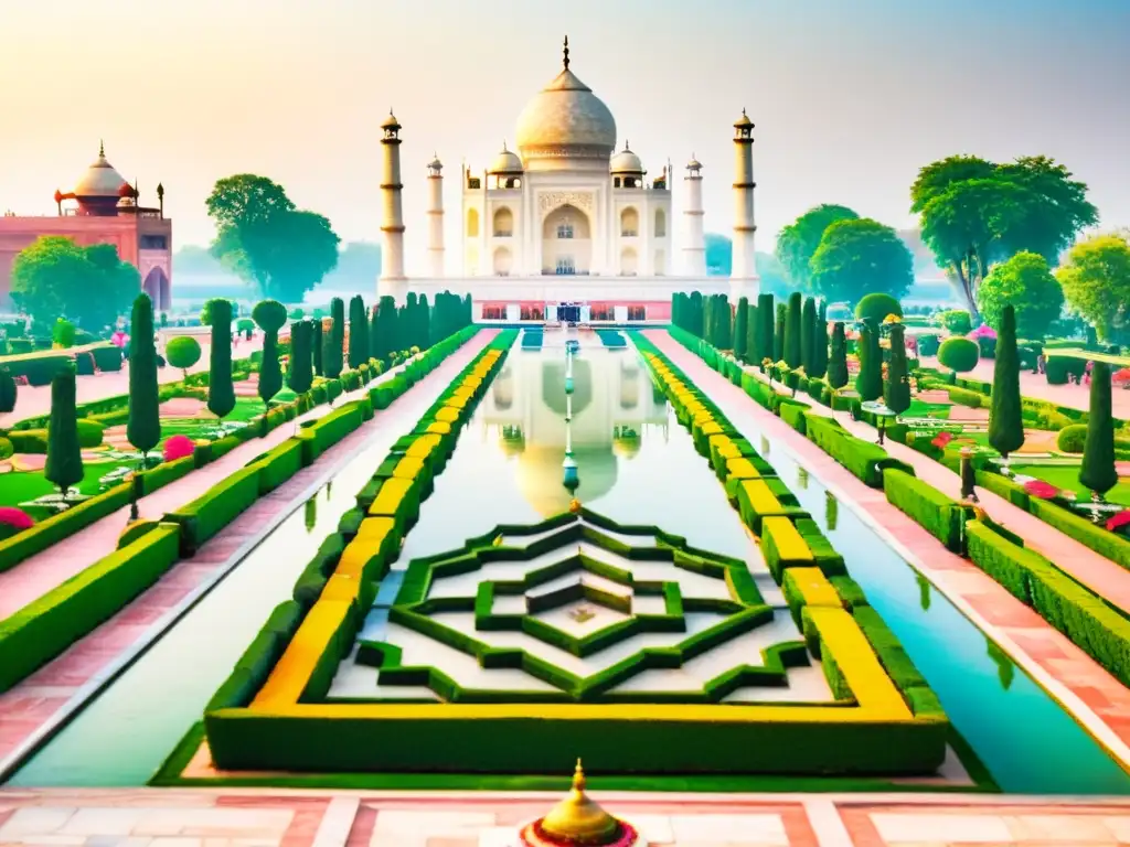 Jardín Mughal paraíso tierra diversidad: Un vibrante paraíso floral con el Taj Mahal de fondo, reflejando armonía y belleza