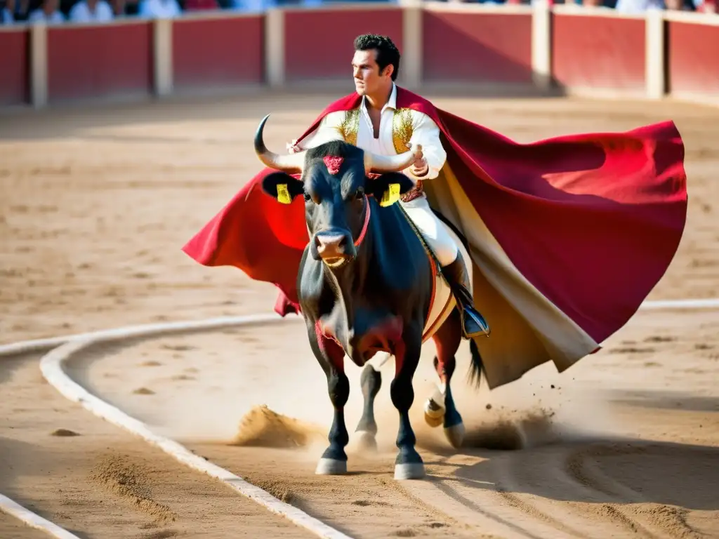 Un torero desafiante enfrenta la controversia cultural del traje de luces en una arena soleada, mientras un toro embiste con furia