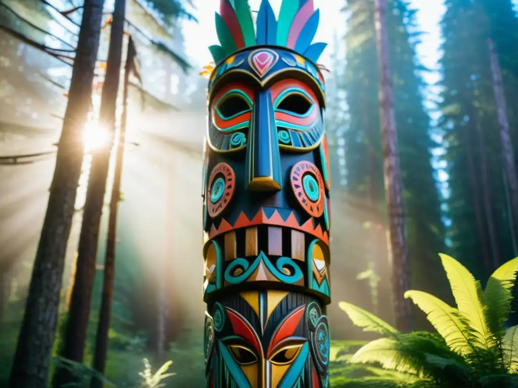 Un totem alto y colorido en un bosque siberiano, reflejando los rituales de caza sagrada de la tribu