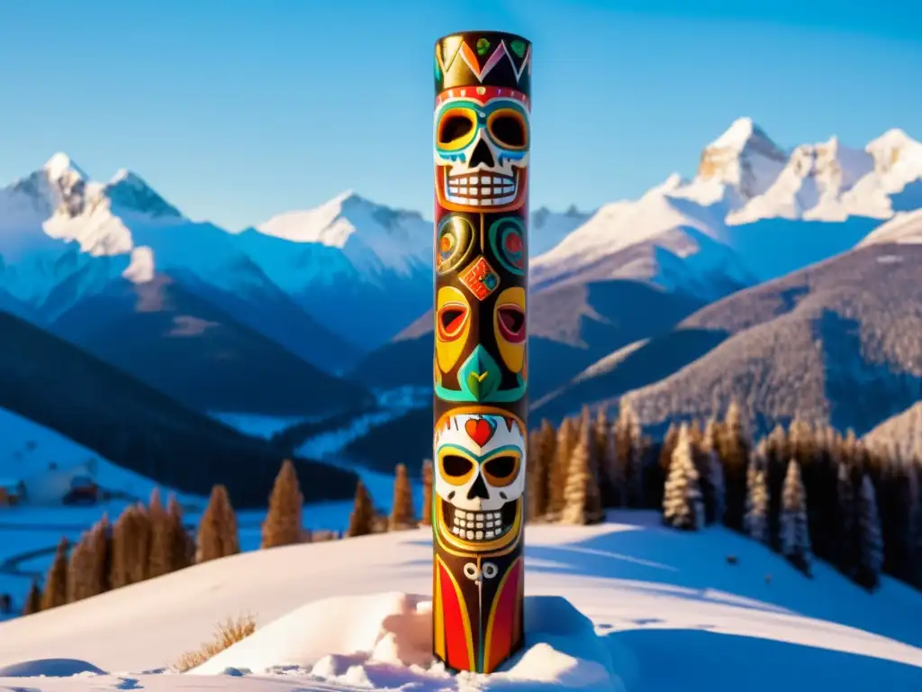 Un totem de madera tallado a mano en el Festival de los Muertos en Siberia, destaca entre montañas nevadas al atardecer