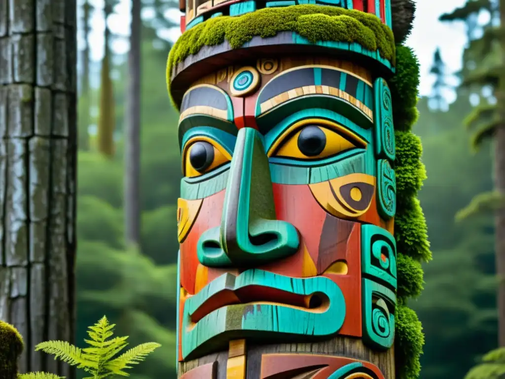 Un totem nativo en un bosque exuberante, resaltando la artesanía y simbolismo de la escultura