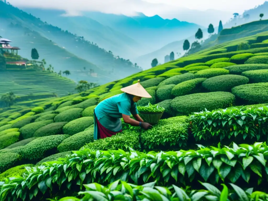 Trabajadores cosechando con destreza hojas de té en los exuberantes jardines de té de Darjeeling, India, con los Himalayas de fondo