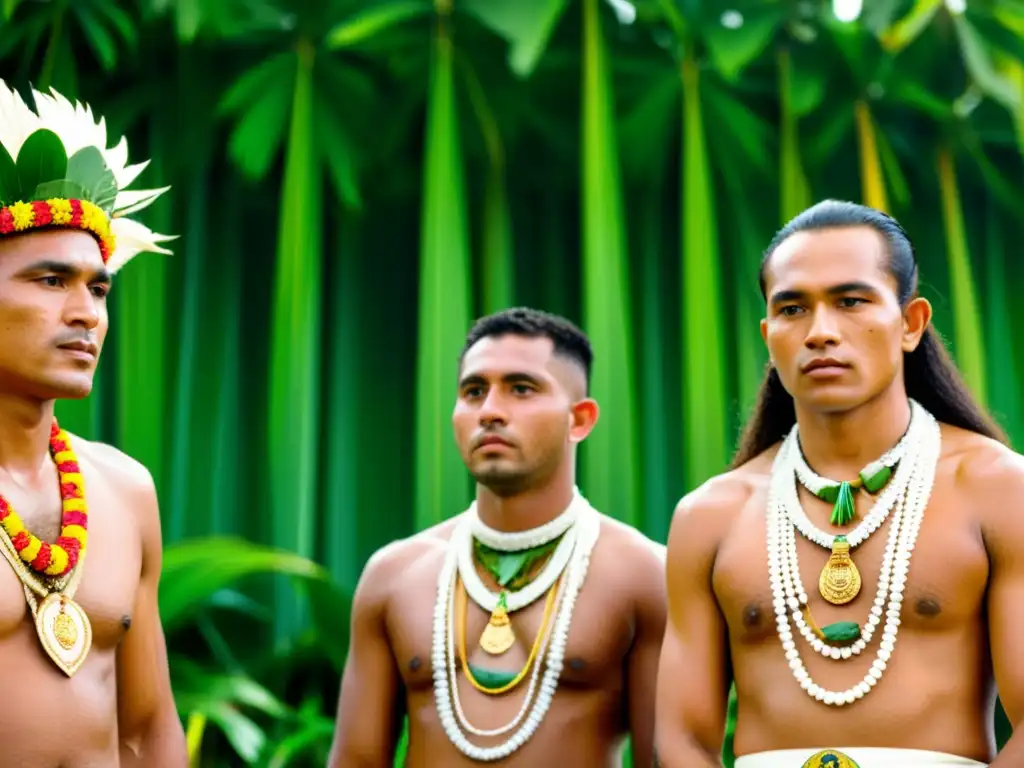 Una tradición de coronación de jefes en Micronesia se representa con la entrega de ornamentos ceremoniales en un exuberante entorno tropical