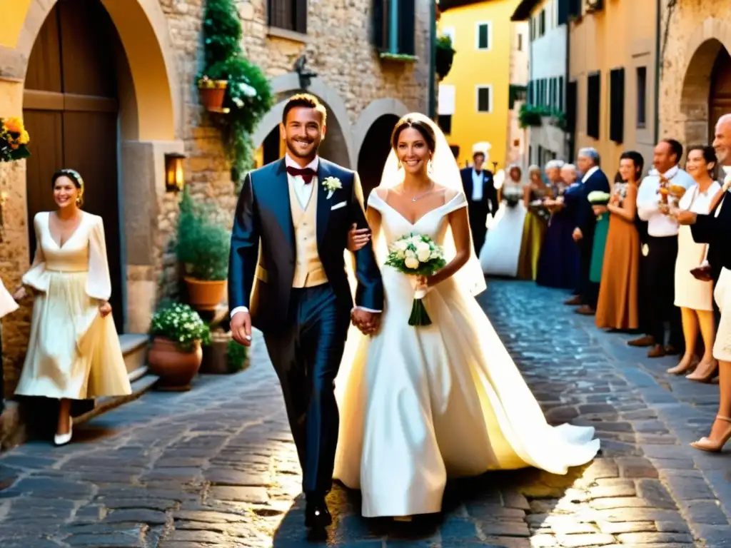 Una procesión nupcial tradicional en las antiguas calles de un pueblo toscano, con la pareja de novios liderando el camino