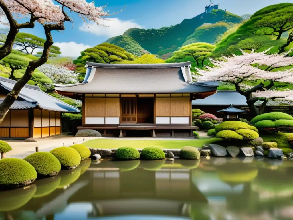 Tradicional casa de samurái en Japón rodeada de exuberante naturaleza y jardines, con árboles de cerezo en flor y un puente sobre un sereno estanque