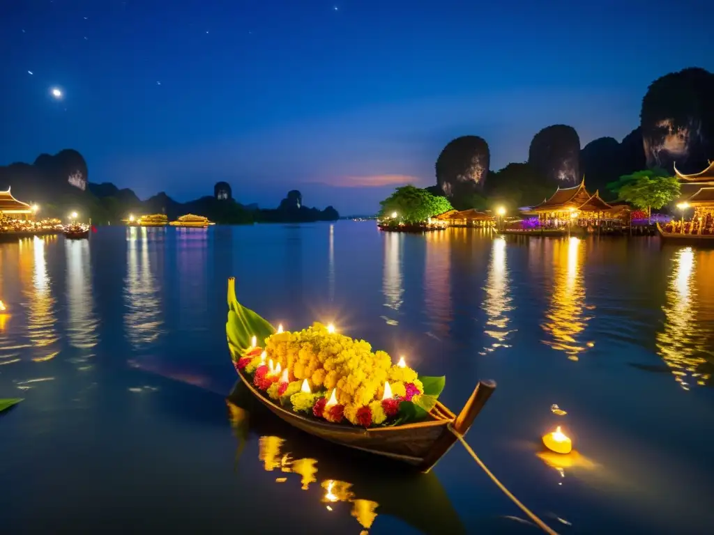 Tradicional festival Loi Krathong Tailandia: cestas flotantes con velas iluminan un río sereno en la noche estrellada