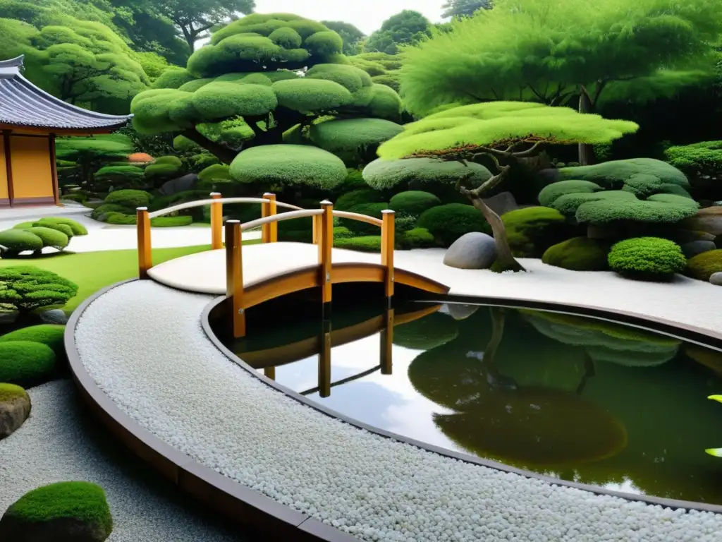 Un jardín Zen tradicional con grava blanca cuidadosamente rastrillada, rocas grandes y árboles podados, rodea un tranquilo estanque