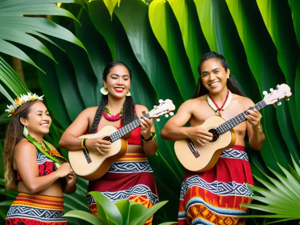 Música tradicional de Polinesia: Grupo de músicos polinesios tocando instrumentos tradicionales rodeados de exuberante vegetación y flores tropicales