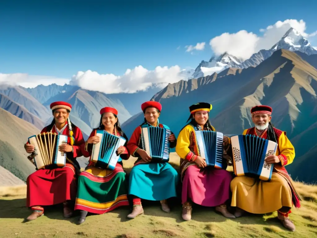 Música tradicional sierra peruana: músicos tocando instrumentos andinos frente a los imponentes Andes peruanos